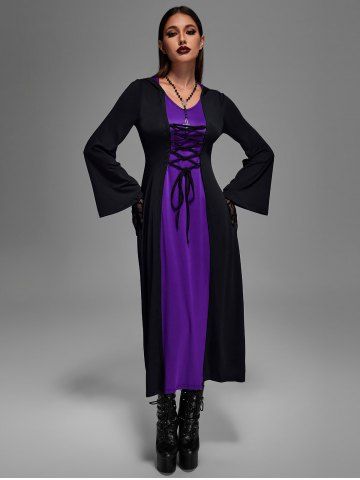 Plus Size Medieval Renaissance Lace Up Two Tone Hooded Dress - PURPLE - 1X | US 14-16