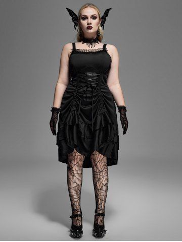 Plus Size Lace-trim Lace-up Layered Ruffled Cinched Ruched Sleeveless Midi Dress