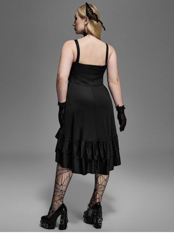 Plus Size Lace-trim Lace-up Layered Ruffled Cinched Ruched Sleeveless Midi Dress