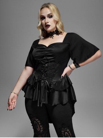 Gothic Lace-up Guipure Lace Panel Ruffle Silky Satin High Low Blouse - BLACK - L | US 12