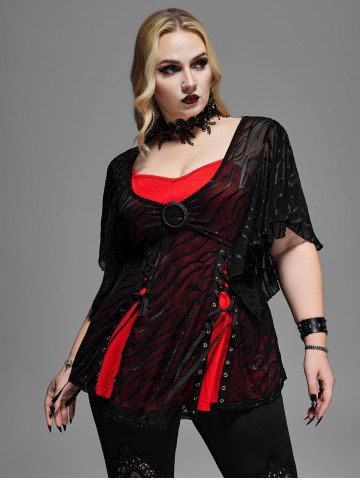 Gothic Mesh Jacquard Ring Lace-up Butterfly Sleeve 2 In 1 Top - RED - 4X | US 26-28