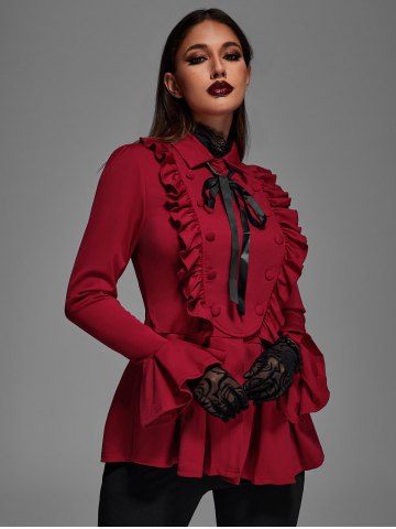 Gothic Ruffled Pleated Detail Ribbon Bow Peplum Jacket - RED - S | US 8