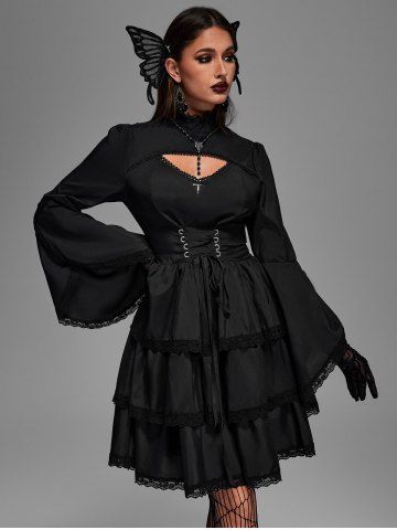 Gothic Lace-up Layered Ruched Floral Lace Trim Cutout Flare Sleeves Dress - BLACK - 2X | US 18-20