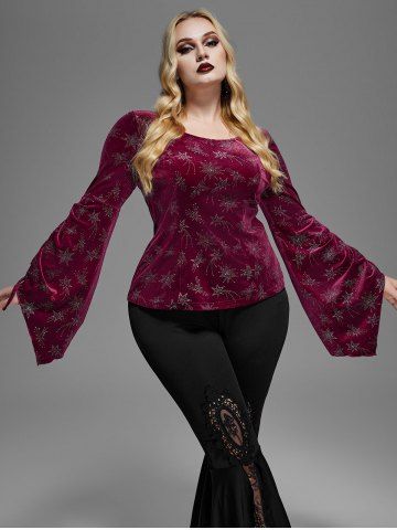 Gothic Glitter Star Print Cinched Flare Sleeves Velvet T-shirt - RED - L | US 12