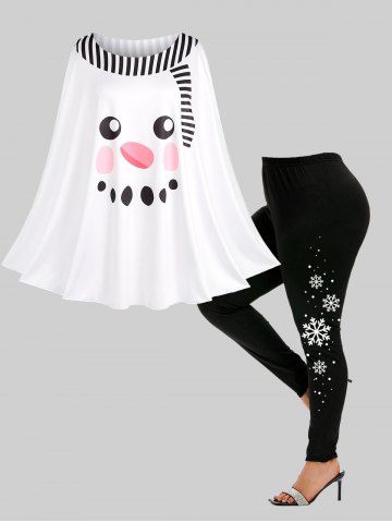 Christmas Snowman Scarf Printed Shawl Handkerchief Cape and Snowflake Print Leggings Plus Size Outfit - WHITE