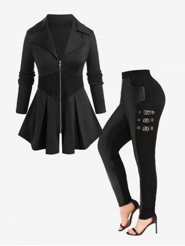 Ribbed Panel Zipper Fly Jacket and PU Leather Patchwork Buckles Grommets Pockets Pants Plus Size Outfit