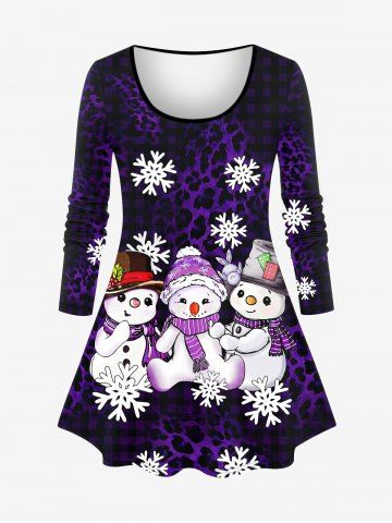 Plus Size Christmas Snowman Snowflake Plaid Leopard Printed Long Sleeve T-shirt - CONCORD - XS