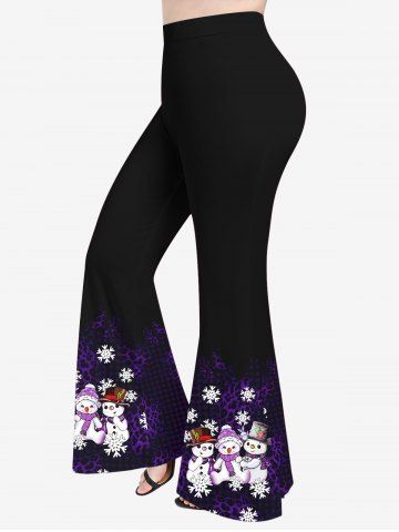 Plus Size Christmas Snowman Hat Scarf Snowflake Leopard Print Flare Pants - CONCORD - M