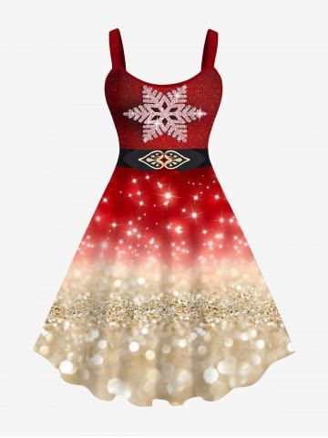 Plus Size Christmas Snowflake Buckle Belt Sparkling Sequin Glitter 3D Print Tank Party Dress - RED - XS