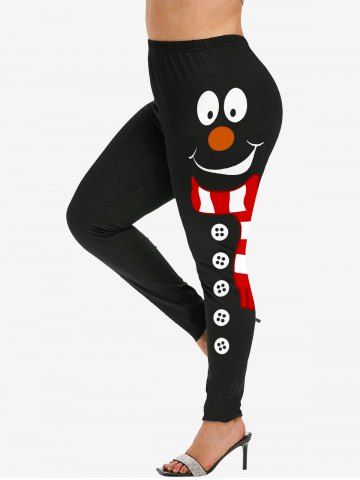 Plus Size Christmas Snowman Face Scarf Buttons Print Leggings