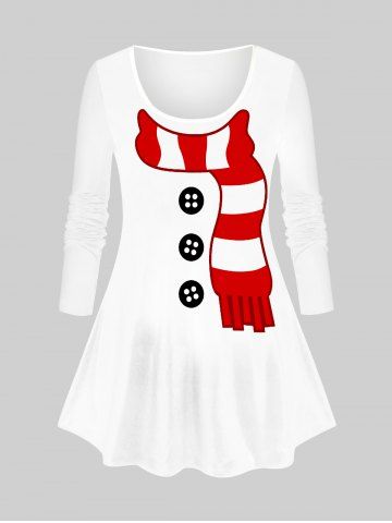 Plus Size Christmas Snowman Scarf Buttons Print Long Sleeve T-shirt