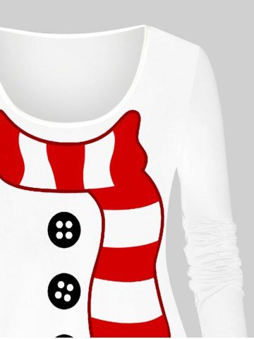 Plus Size Christmas Snowman Scarf Buttons Print Long Sleeve T-shirt