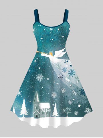 Plus Size Christmas Tree Snowflake Castle Angel Stars Galaxy Print Ombre A Line Tank Dress - DEEP GREEN - XS