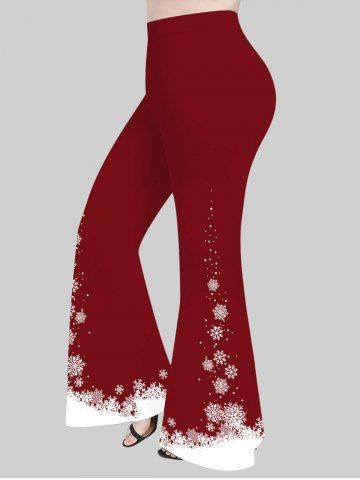 Plus Size Snowflake Print Christmas Pull On Flare Pants - DEEP RED - L