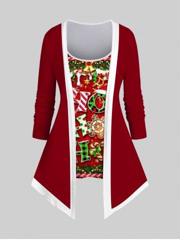 Plus Size Glitter Christmas Wreath Bell Snowflake Letters Candy Contrast Piping Print 2 in 1 Patchwork Long Sleeves T-shirt - DEEP RED - L