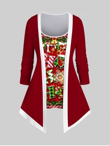 Plus Size Glitter Christmas Wreath Bell Snowflake Letters Candy Contrast Piping Print 2 in 1 Patchwork Long Sleeves T-shirt - DEEP RED - 1X
