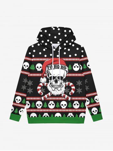 Gothic Christmas Tree Hat Skull Candy Polka Dot Print Fleece Lining Drawstring Hoodie For Men - BLACK - 2XL