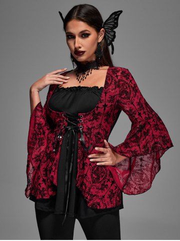 Gothic Bell Sleeves Cross Floral Mesh Flocking Lace Up Ruched Ruffles 2 in 1 Long Sleeves Top - DEEP RED - S | US 8
