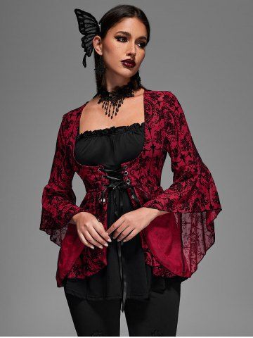 Gothic Bell Sleeves Cross Floral Mesh Flocking Lace Up Ruched Ruffles 2 in 1 Long Sleeves Top