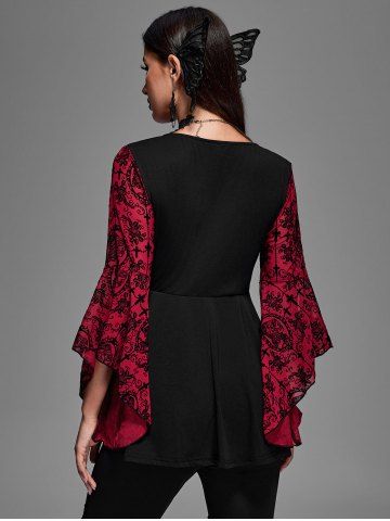 Gothic Bell Sleeves Cross Floral Mesh Flocking Lace Up Ruched Ruffles 2 in 1 Long Sleeves Top