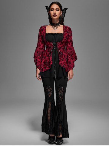 Gothic Bell Sleeves Cross Floral Mesh Flocking Lace Up Ruched Ruffles 2 in 1 Long Sleeves Top