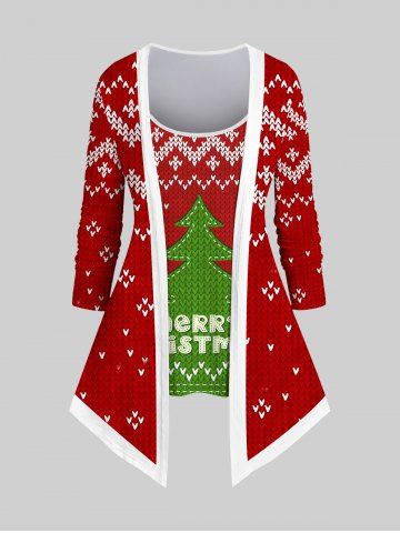 Plus Size 3D Heart Striped Christmas Tree Letters Ribbed Print Asymmetric Patchwork 2 in 1 Long Sleeves T-shirt - RED - XS