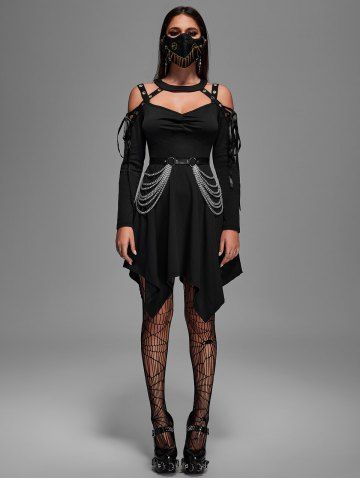 Gothic Choker Lace Up Cutout Handkerchief Dress - BLACK - M | US 10