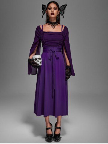 Plus Size Medieval Renaissance Ruched Two Tone Mesh Sleeves A Line Midi Belt Dress