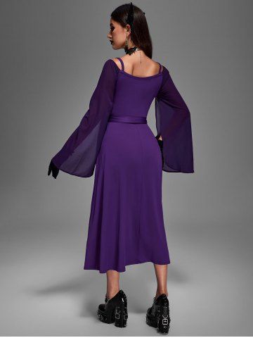 Plus Size Medieval Renaissance Ruched Two Tone Mesh Sleeves A Line Midi Belt Dress