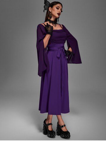 Plus Size Medieval Renaissance Ruched Two Tone Mesh Sleeves A Line Midi Belt Dress