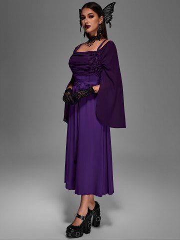 Plus Size Medieval Renaissance Ruched Two Tone Mesh Sleeves A Line Midi Belt Dress