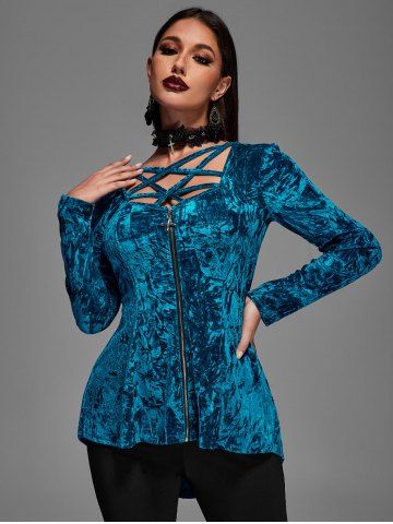 Gothic Crushed Velour Caged Strappy Cutout Zip Front High Low Top