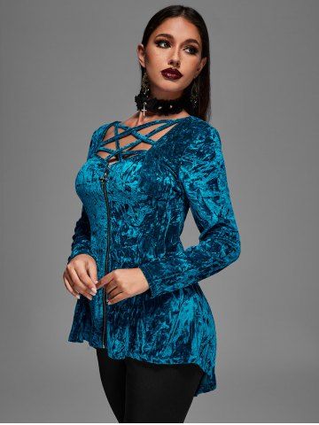 Gothic Crushed Velour Caged Strappy Cutout Zip Front High Low Top