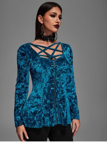 Gothic Crushed Velour Caged Strappy Cutout Zip Front High Low Top