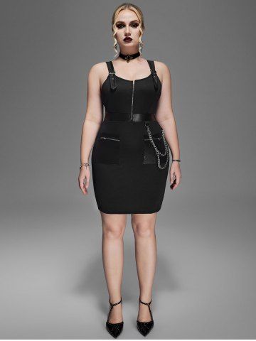 Plus Size Punk Chains Buckles PU Panel Bodycon Dress with Pockets - BLACK - 1X | US 14-16