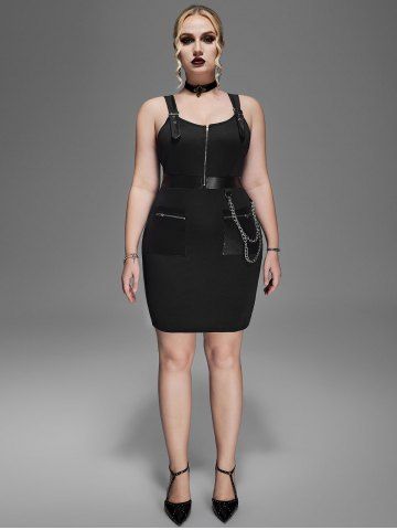 Plus Size Punk Chains Buckles PU Panel Bodycon Dress with Pockets - BLACK - 5X | US 30-32