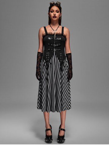Gothic Lace Trim Zipper Buckle Lace-up Striped Patchwork Dress - BLACK - L | US 12