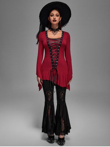 Gothic Lace Up Ruffles Ruched Flare Sleeves Asymmetric T-shirt - RED - S | US 8