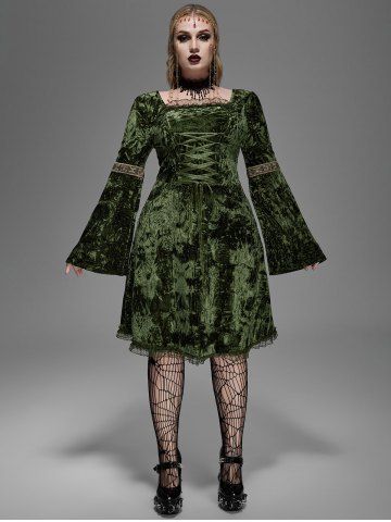 Gothic Lace Trim Lace-up Bell Sleeves Velvet Dress - GREEN - L | US 12