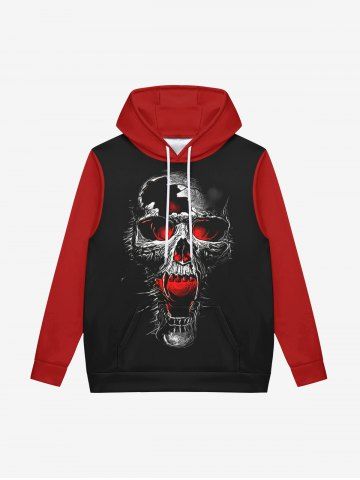 Gothic Skull Flame Print Pockets Fleece Lining Drawstring Hoodie For Men - BLACK - 4XL