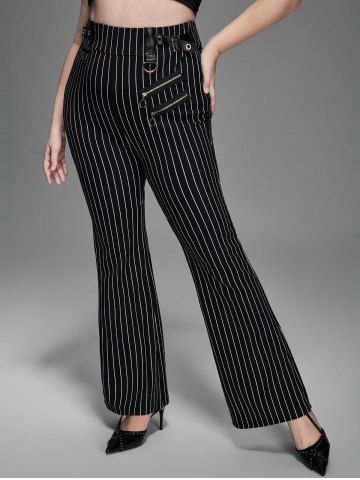 Gothic Zipper Striped PU Panel Buckle Rings Grommet Flare Pants - BLACK - S | US 8