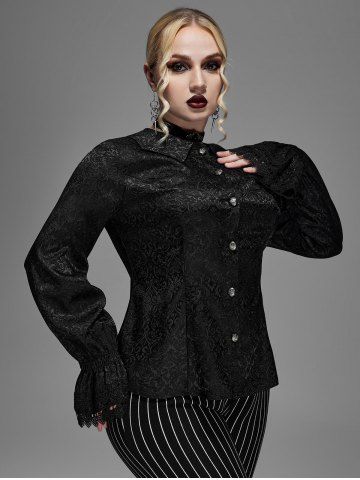 Gothic Floral Embroidered Bat Wing Shape Collar Poet Sleeves Buttons Shirt - BLACK - 2X | US 18-20