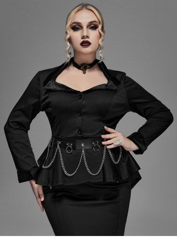 Gothic Lapel Collar Buttons High Low Ruffles Pleated Solid Coat - BLACK - S | US 8