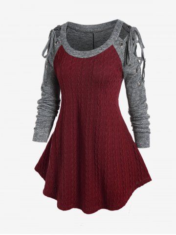 Plus Size Lace Up Sleeve Mixed Media Two Tone Knitwear - DEEP RED - L | US 12
