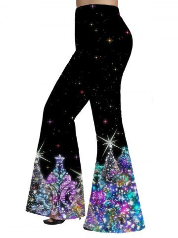 Plus Size Christmas Sparkly Tree Print Long Flare Pants - BLACK - L | US 14