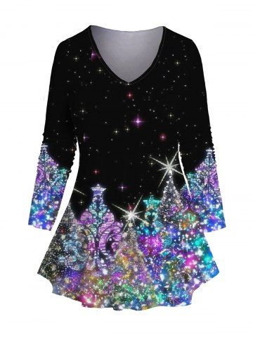 Plus Size Christmas Sparkly Tree 3D Print V Neck T-shirt - BLACK - 5X | US 24