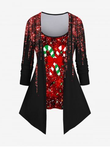 Plus Size Christmas Candy Bowknot Sparkling Sequin Tassel Glitter 3D Print 2 In 1 T-shirt - BLACK - 6X
