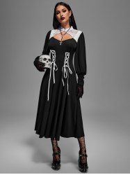 Robe Gothique Découpée Fleurie Panneau en Dentelle à Manches de Ballon à Lacets - Noir 1X | US 14-16