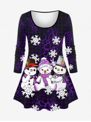 Plus Size Christmas Snowman Snowflake Plaid Leopard Printed Long Sleeve T-shirt -  