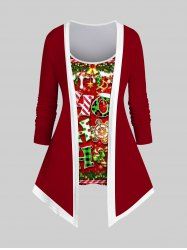 Plus Size Glitter Christmas Wreath Bell Snowflake Letters Candy Contrast Piping Print 2 in 1 Patchwork Long Sleeves T-shirt -  